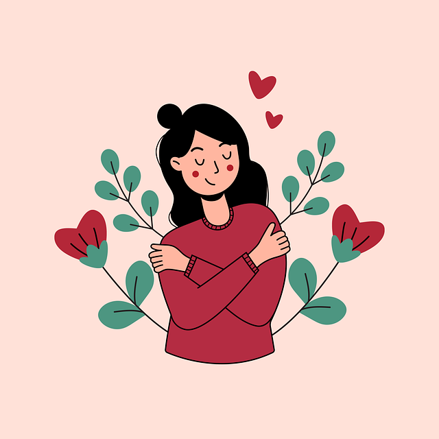 cartoon of a girl with flower hearts representing self-love